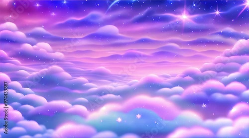 Pastel clouds with beautiful rainbow. Holographic fantasy rainbow unicorn background with clouds Pastel color. sky Magical landscape abstract fabulous pattern. Cute candy fantasy in the sky 4k animati photo