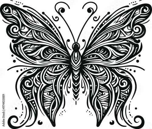 Monochrome Cosmonaut Butterfly Tribal Tattoo Hand Drawn Icon Vector Illustration Design Silhouette Style