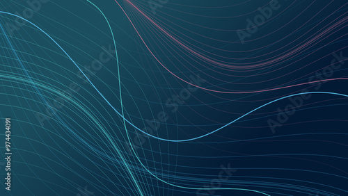 Modern Abstract pink and blue, turquoise, thin curve bent lines in space, dark gradient background with geometric pattern. Edge technology vector background
