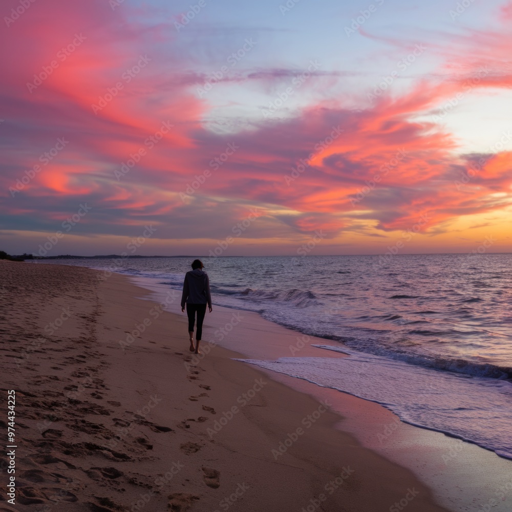 Naklejka premium A woman walks barefoot along the shoreline, leaving gentle footprints behind during a peaceful sunset over a secluded beach with pink and orange skies.