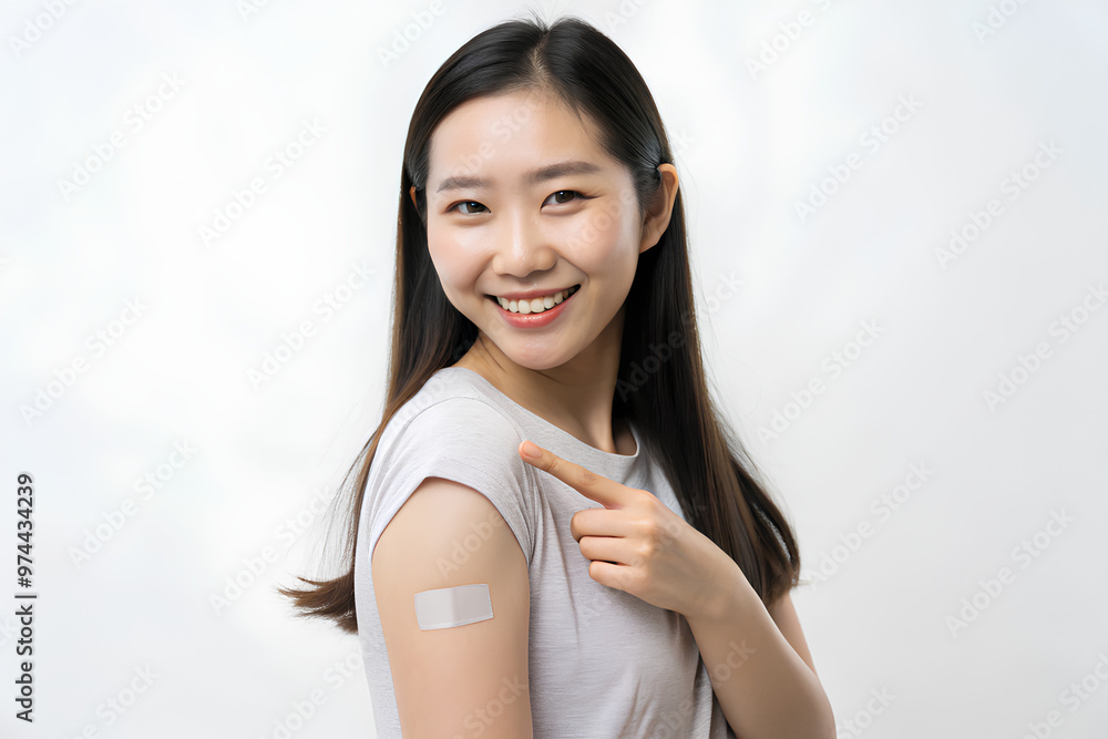 Woman hand pointing showing at plaster on arm getting vaccine immunity, on isolated white background Woman hand pointing showing at plaster on arm getting vaccine immunity, on isolated white background