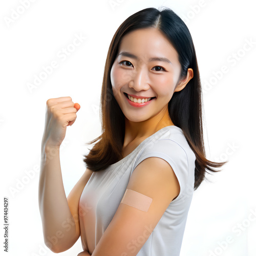 Woman showing at plaster on arm getting vaccine immunity, on isolated white 