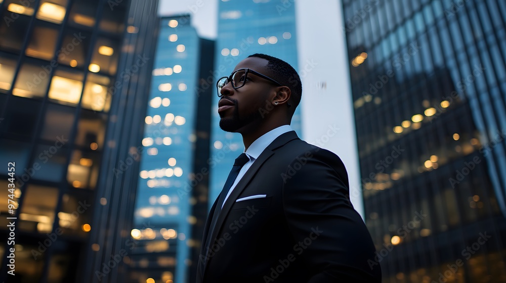 A well-dressed black businessman stands in front of skyscrapers A well-dressed black businessman stands in front of skyscrapers