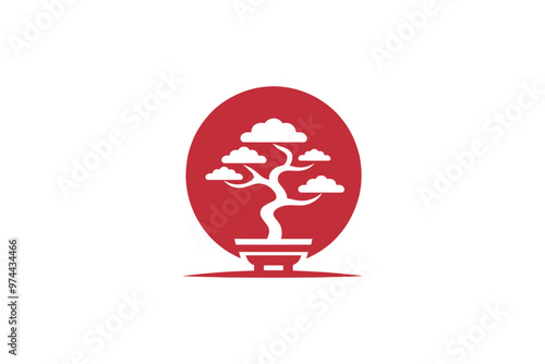 Bonsai tree. Logo, icon, emblem, sign. Vector illustration. Red color