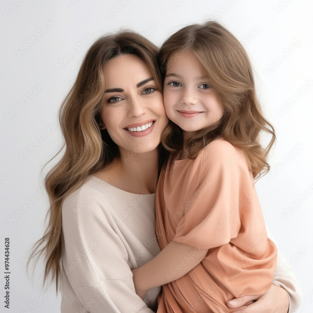 Happy mother and child on a white background. Smiling mother hugging with her daughter. Closeup studio portrait of caucasian mom and her little kid smiling with shiny white teeth. Happy mother and child on a white background. Smiling mother hugging with her daughter. Closeup studio portrait of caucasian mom and her little kid smiling with shiny white teeth.