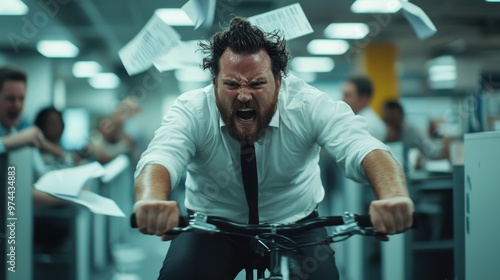 A determined office worker energetically rides a bicycle through a bustling office environment, surrounded by flying papers, representing chaos and urgency. photo