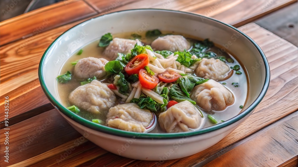 A steaming bowl of dumpling soup garnished with fresh herbs, sliced red chilies, and bean sprouts, showcasing a vibrant and appetizing presentation perfect for culinary enthusiasts A steaming bowl of dumpling soup garnished with fresh herbs, sliced red chilies, and bean sprouts, showcasing a vibrant and appetizing presentation perfect for culinary enthusiasts