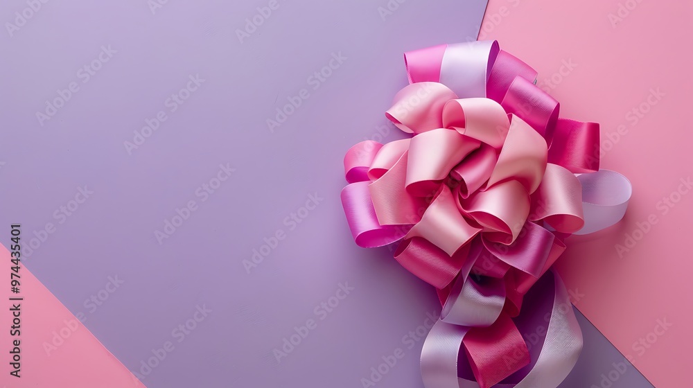 handmade ball shaped ribbon flower for gift wrapping on pink and purple background handmade ball shaped ribbon flower for gift wrapping on pink and purple background