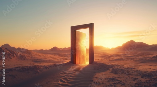 An open door leading to the desert, symbolizing freedom and new beginnings.