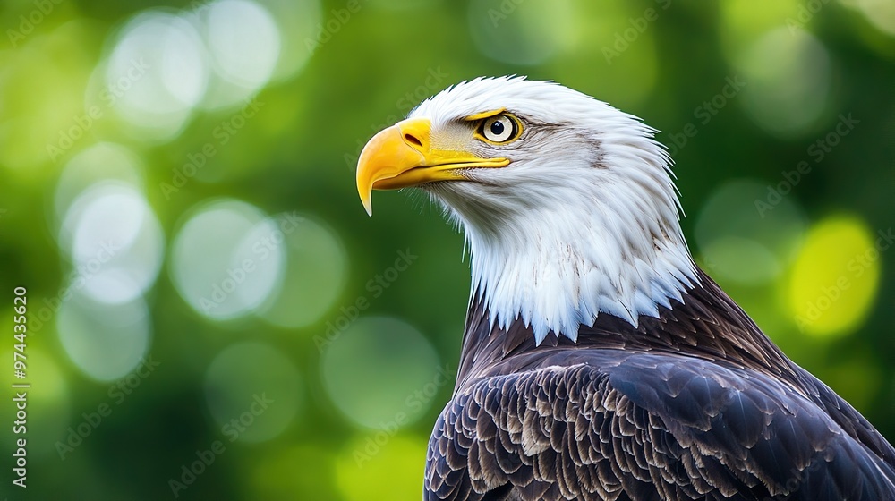 Fototapeta premium Bald eagle with piercing yellow eyes and strong posture.