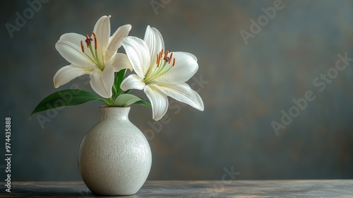 A single vase with one white lily as a centerpiece on a minimalist birthday table, space for text on background