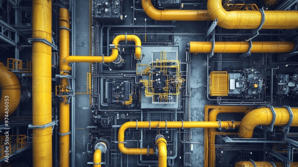 An overhead view of a gas plant with yellow pipes and valves crisscrossing the facility. An overhead view of a gas plant with yellow pipes and valves crisscrossing the facility.