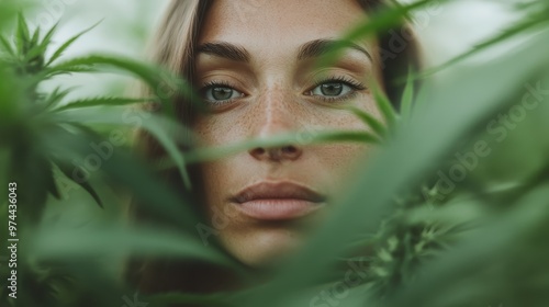 A woman stands among verdant greenery, peering through the leaves with a focused expression, emphasizing themes of nature, curiosity, and introspective connection.