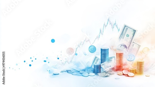 A dynamic stock market chart intertwined with coins and bills, showcasing market awareness and smart investing photo