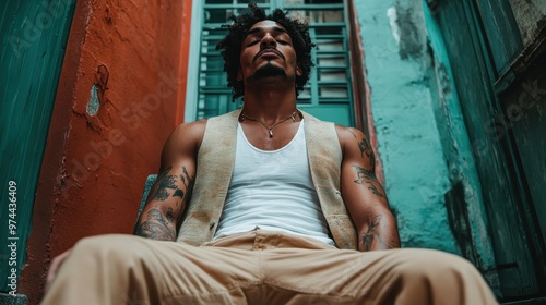 A stylish and muscular tattooed man sits comfortably on urban steps. His outfit and surroundings exude a modern, edgy lifestyle, with vibrant colors in the background. photo