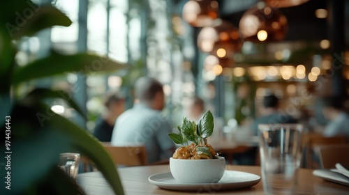 A close-up of a delicious bowl of noodles garnished with fresh basil, served on a wooden table in a lively, modern restaurant setting. People blur in the background, depicting a busy ambiance.