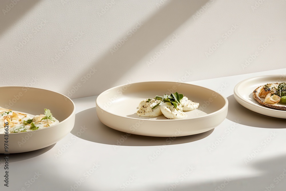 Three elegant plates with various dishes arranged on a minimalist surface. Three elegant plates with various dishes arranged on a minimalist surface.