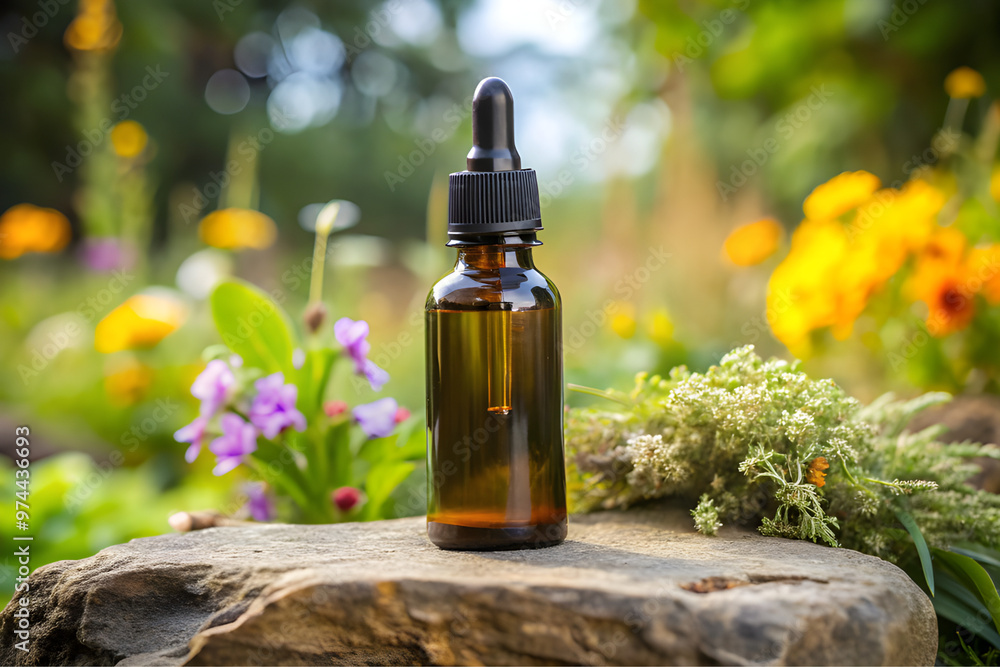 a brown glass dropper bottle with a black label, set outdoors on a natural background. The bottle is placed on a rock with flowers and greenery around it, giving a refreshing and organic feel with sto a brown glass dropper bottle with a black label, set outdoors on a natural background. The bottle is placed on a rock with flowers and greenery around it, giving a refreshing and organic feel with sto