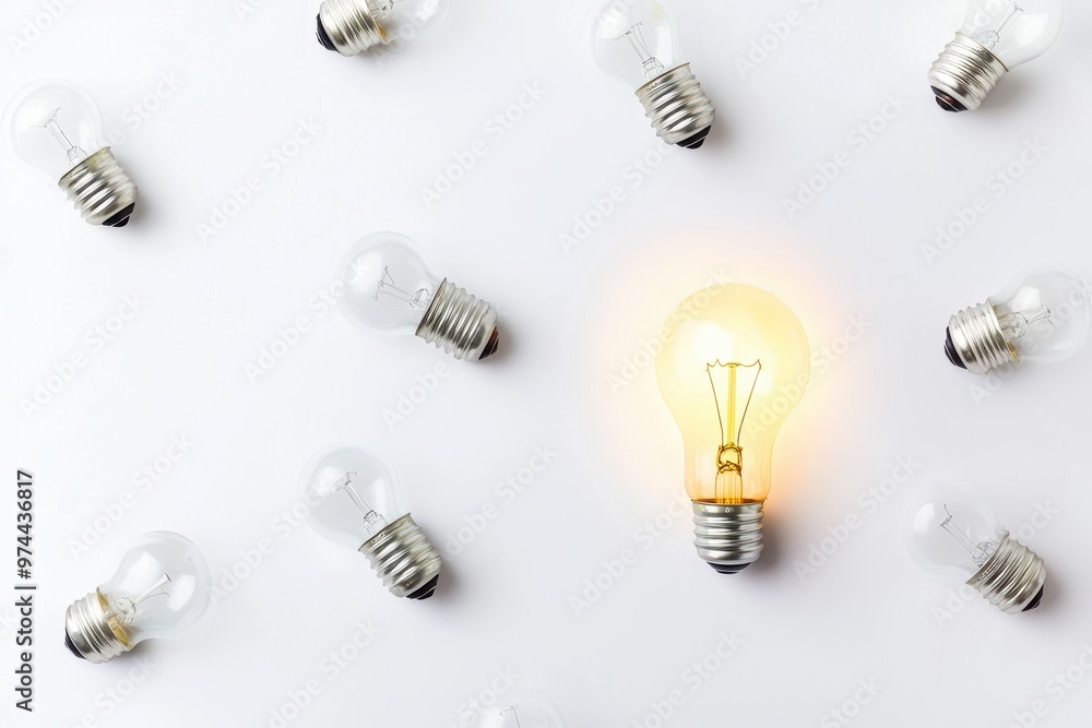 A single glowing light bulb amidst turned-off ones, leadership and creativity concept, isolated on white background A single glowing light bulb amidst turned-off ones, leadership and creativity concept, isolated on white background