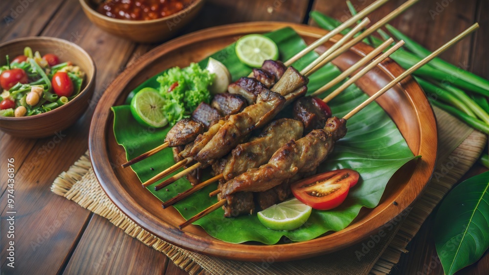 A beautifully arranged plate of grilled meat skewers garnished with fresh vegetables and lime slices, set on a banana leaf, showcasing a vibrant and appetizing presentation of traditional cuisine A beautifully arranged plate of grilled meat skewers garnished with fresh vegetables and lime slices, set on a banana leaf, showcasing a vibrant and appetizing presentation of traditional cuisine