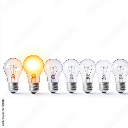 A row of unlit light bulbs with one brightly glowing, standing out from the crowd concept, isolated on white background photo