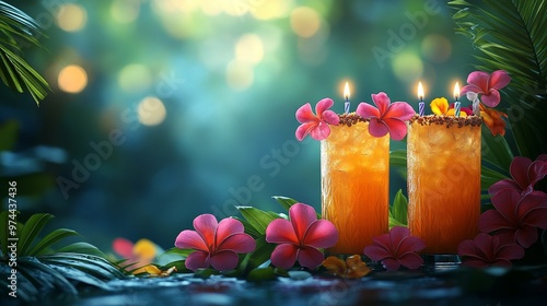 A Hawaiian luau birthday party with hula skirts, tiki torches, and vibrant tropical flowers, space for text on background
