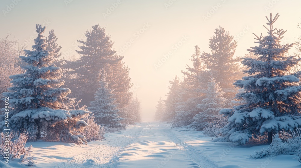 Fototapeta premium winter background - snow-covered Christmas tree. Christmas trees in the snow, minimalistic winter background, winter landscape. copy space