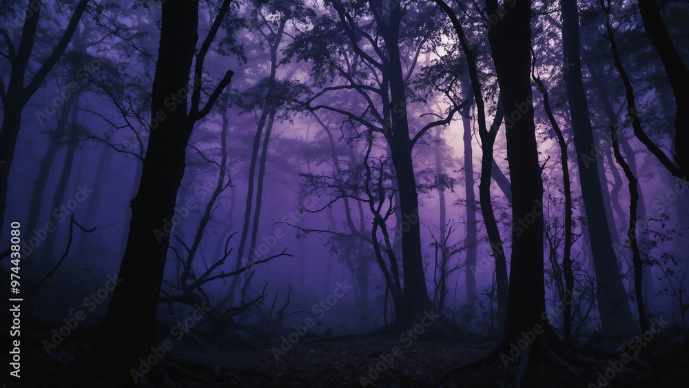 Mystical haunted forest with eerie fog and purple hues creating a spooky atmosphere Mystical haunted forest with eerie fog and purple hues creating a spooky atmosphere