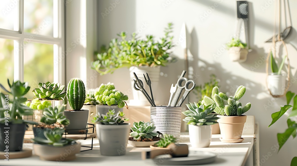 home transplant succulent into a pot with garden tools on a white table modern interior with many plants home transplant succulent into a pot with garden tools on a white table modern interior with many plants