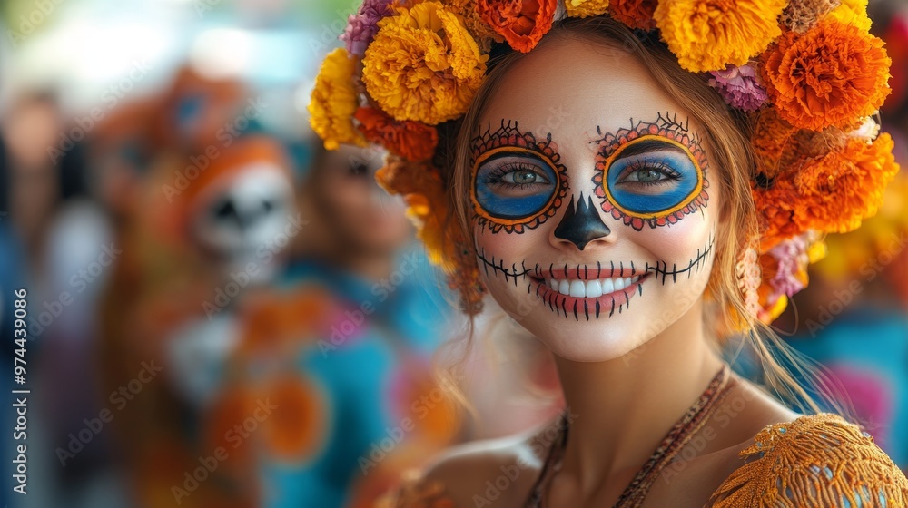A detailed close-up of a woman celebrating Día de los Muertos, her face covered in bold paint and framed by vibrant flowers and traditional garments. A detailed close-up of a woman celebrating Día de los Muertos, her face covered in bold paint and framed by vibrant flowers and traditional garments.