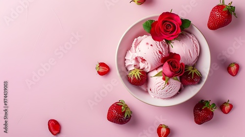 Ice cream with fresh strawberries and red rose on bowl on pink background