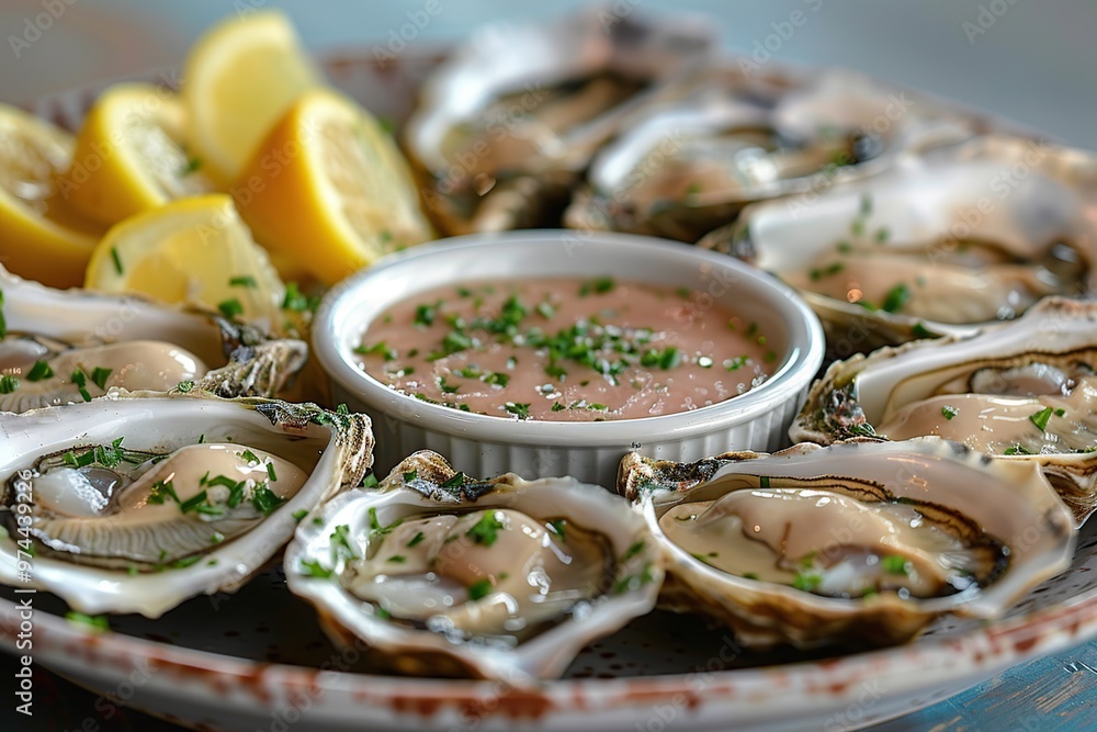 Oysters on a Plate with Lemon and Sauce Oysters on a Plate with Lemon and Sauce