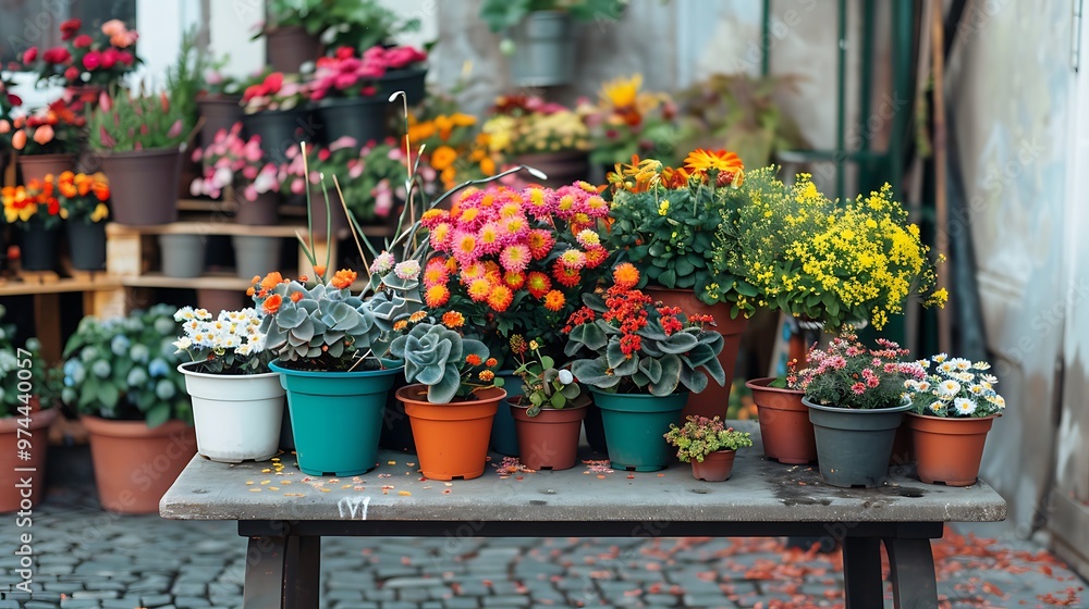 Lot of colorful different plants with flowers in pots on table in street for sale Lot of colorful different plants with flowers in pots on table in street for sale