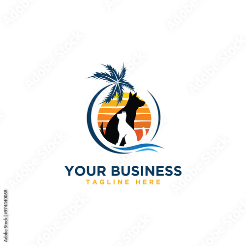 Dog and Cat on the beach emblem logo design template