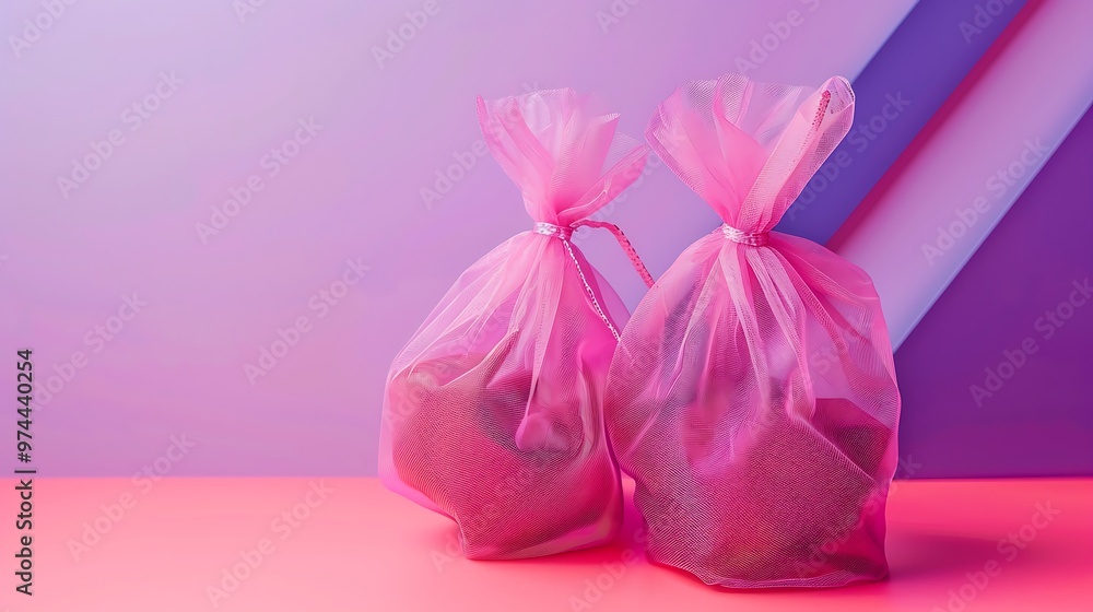 Lucky pink net bags on pink and purple background Lucky pink net bags on pink and purple background