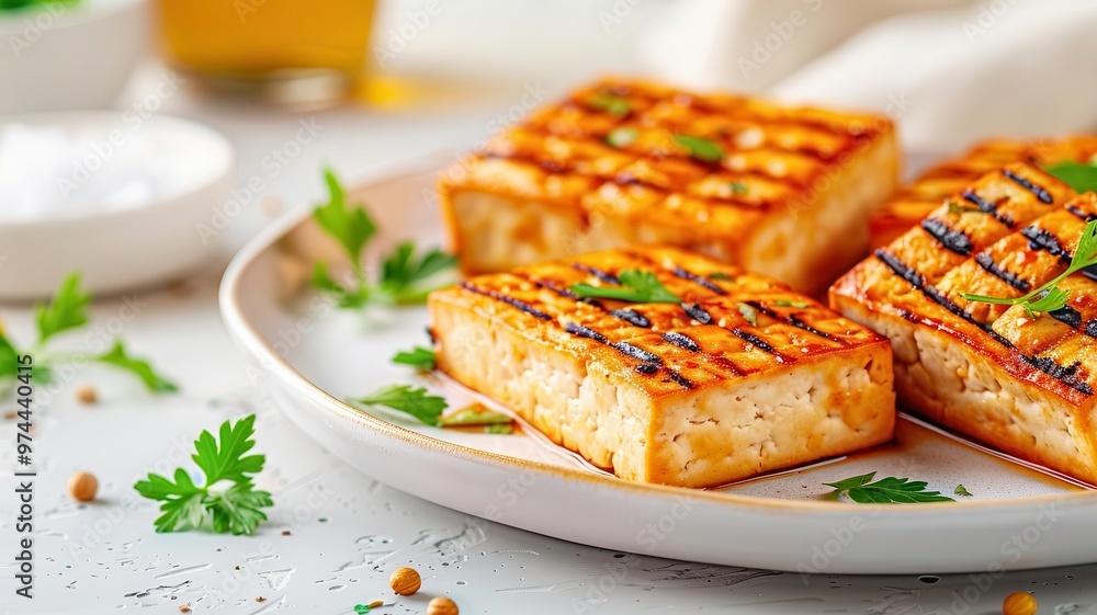 Gourmet grilled tofu, elegant garnishing, flat design illustration Gourmet grilled tofu, elegant garnishing, flat design illustration