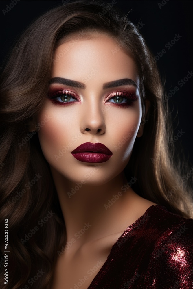Fototapeta premium Fashion woman with makeup with burgundy lips and glitter eyeshadow close-up. Beauty girl with glossy dark red lipstick. Luxury evening make-up. Metallic glow style