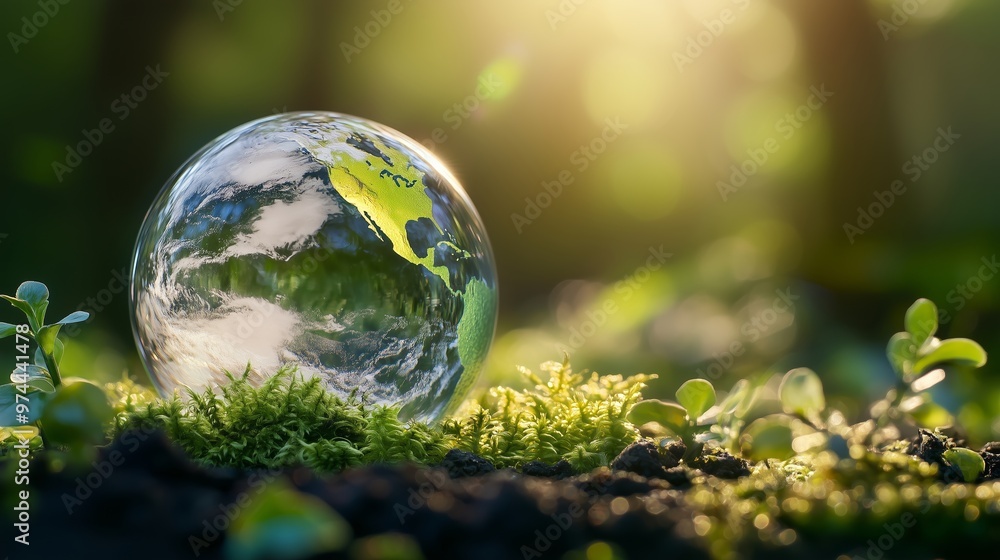 A glass globe with the world inside, surrounded by green leaves and moss on top of soil. A glass globe with the world inside, surrounded by green leaves and moss on top of soil.