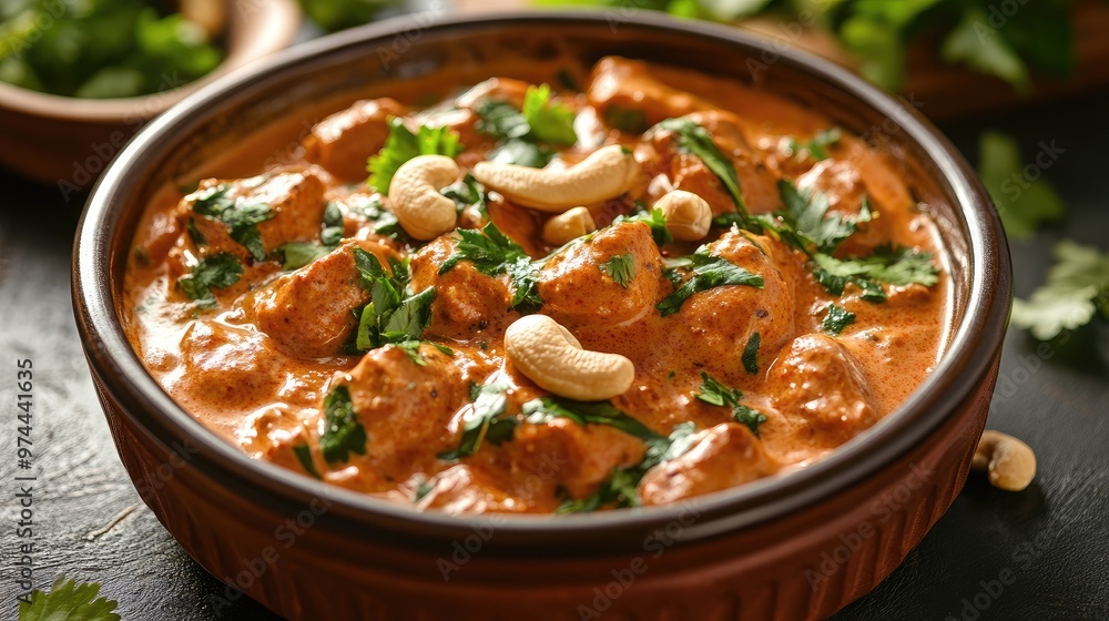 Indian kaju masala in a traditional dish, with a creamy sauce and vibrant spices, garnished with fresh herbs and cashews Indian kaju masala in a traditional dish, with a creamy sauce and vibrant spices, garnished with fresh herbs and cashews