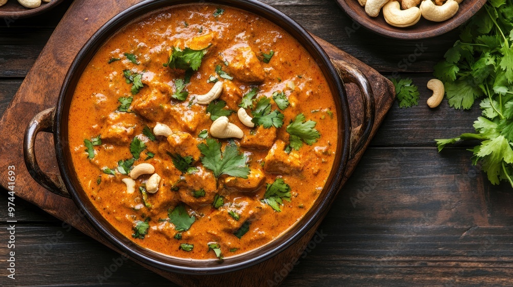 Indian kaju masala in a traditional dish, with a creamy sauce and vibrant spices, garnished with fresh herbs and cashews Indian kaju masala in a traditional dish, with a creamy sauce and vibrant spices, garnished with fresh herbs and cashews