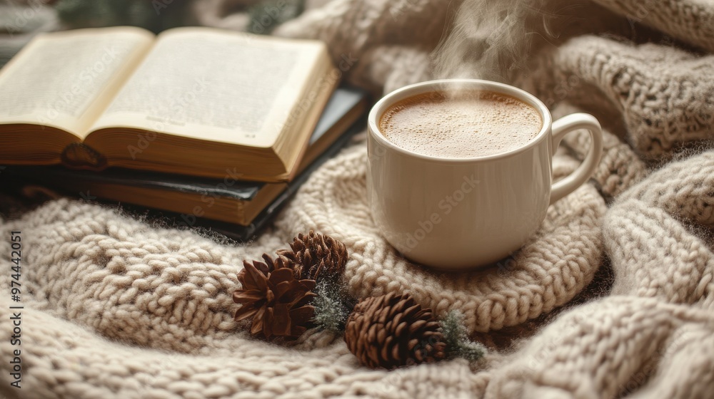 Cozy Winter Reading Nook with Coffee and Book Cozy Winter Reading Nook with Coffee and Book