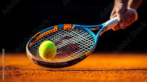 Close-up of tennis player preparing to serve clay court intense focus clean sharp detail professional photography