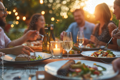 Family having lunch together. Group of friends enjoying dinner at the beach. Party, celebrate concept