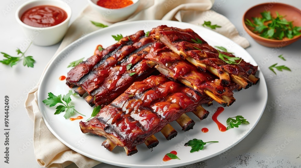 Luxurious grilled ribs, refined garnishing, flat design illustration Luxurious grilled ribs, refined garnishing, flat design illustration