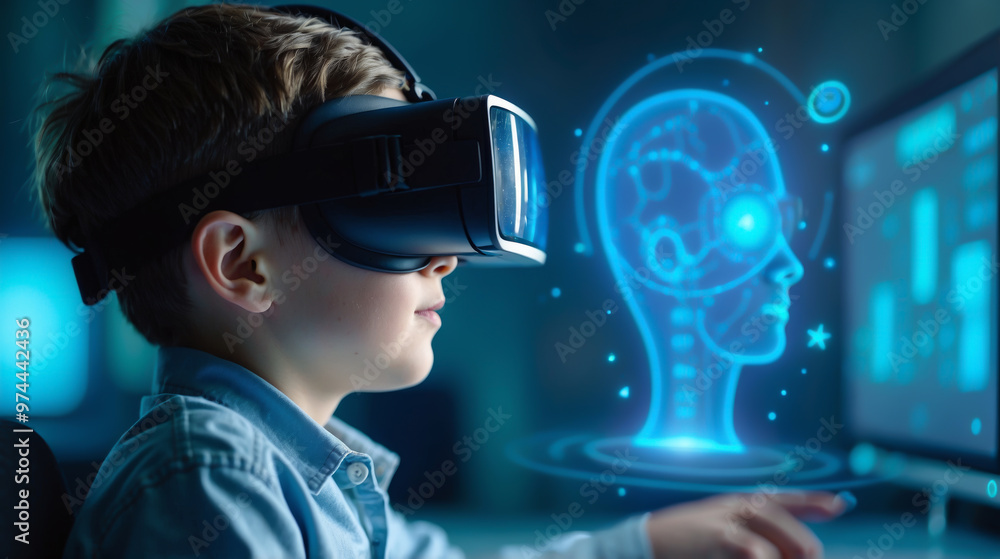 A child wearing virtual reality glasses interacts with a holographic image, demonstrating educational technology A child wearing virtual reality glasses interacts with a holographic image, demonstrating educational technology