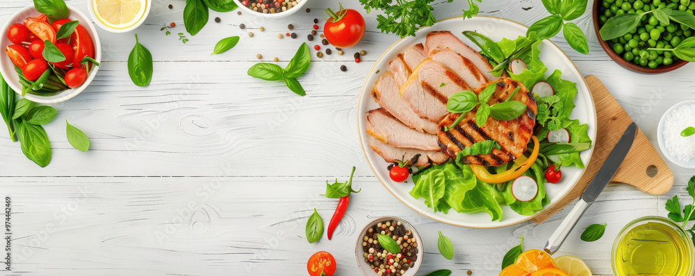 Premium grilled pork, intricate garnishes, flat design illustration Premium grilled pork, intricate garnishes, flat design illustration