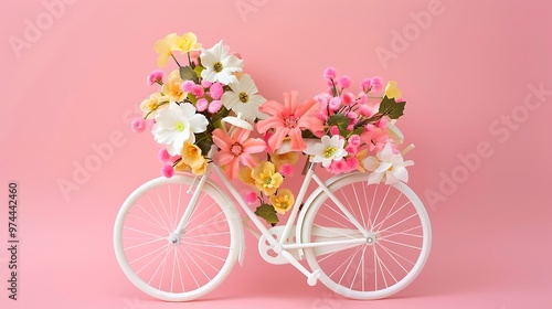 ornament for home plastic toy bicycle decorating with flowers on pink background photo