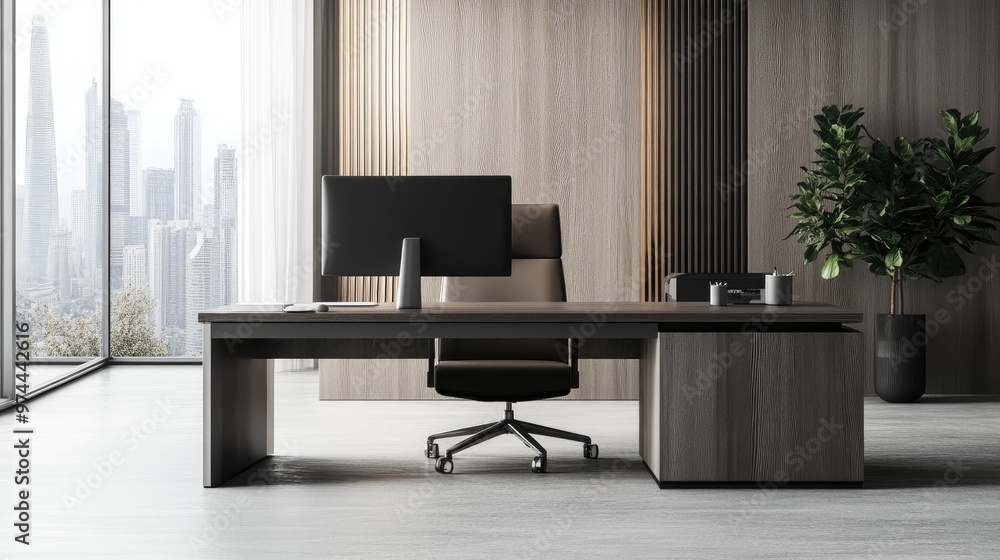 Fototapeta premium A clean, modern office featuring a large desk with a sleek computer setup, a plush chair, and minimalist decor.