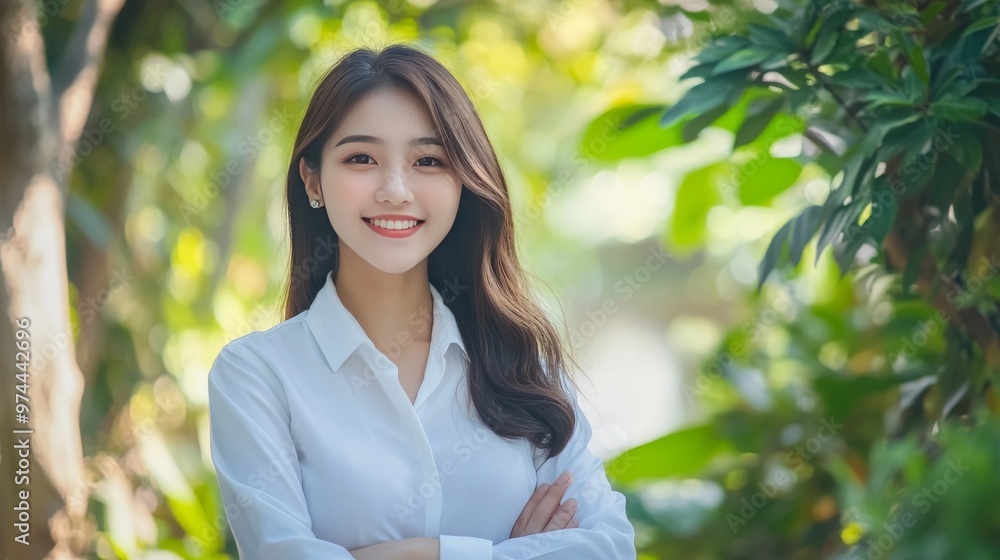 Asian businesswoman smiles in park in white shirt. Asian businesswoman smiles in park in white shirt.