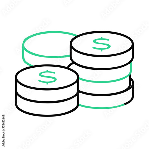 Coins icon, currency and finance theme, in black and green colors on a white background